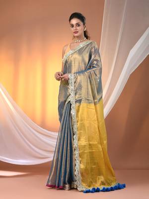 Blue and yellow shimmer tissue saree with gota patti borders 1