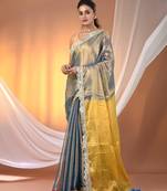 Blue and yellow shimmer tissue saree with gota patti borders