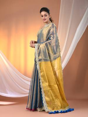 Blue and yellow shimmer tissue saree with gota patti borders 2