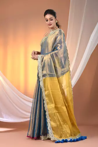 Blue and yellow shimmer tissue saree with gota patti borders