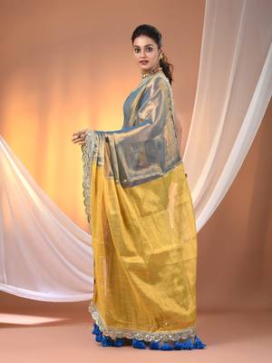 Blue and yellow shimmer tissue saree with gota patti borders 3