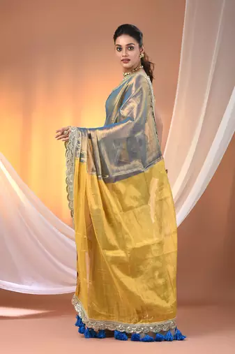 Blue and yellow shimmer tissue saree with gota patti borders