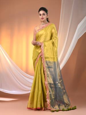 Lemon yellow and blue shimmer tissue saree with gota patti borders 1