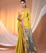 Lemon yellow and blue shimmer tissue saree with gota patti borders