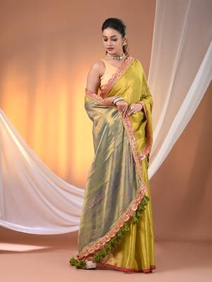 Lemon yellow and blue shimmer tissue saree with gota patti borders 2