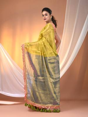 Lemon yellow and blue shimmer tissue saree with gota patti borders 3