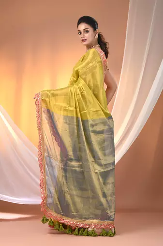 Lemon yellow and blue shimmer tissue saree with gota patti borders