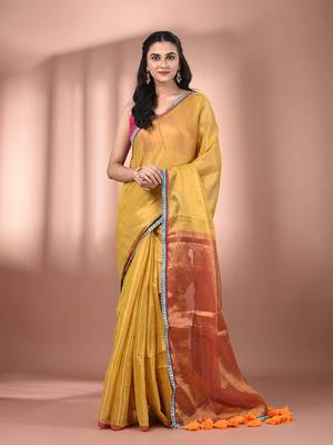 Yellow shimmer tissue saree with gota patti borders 1