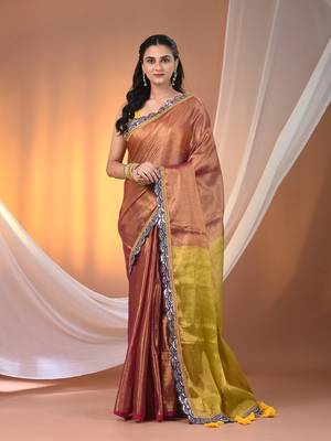 Magenta and lime green shimmer tissue saree with gota patti borders 1