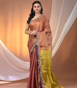 Magenta and lime green shimmer tissue saree with gota patti borders