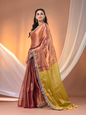 Magenta and lime green shimmer tissue saree with gota patti borders 2