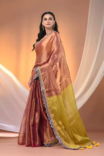 Magenta and lime green shimmer tissue saree with gota patti borders