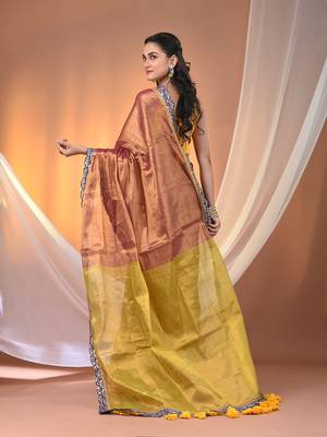 Magenta and lime green shimmer tissue saree with gota patti borders 3