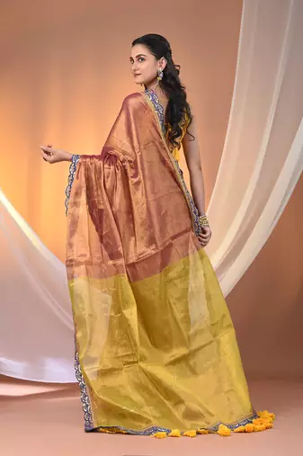 Magenta and lime green shimmer tissue saree with gota patti borders