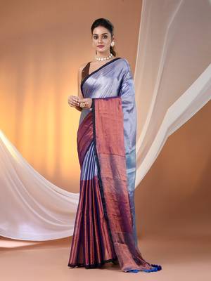 Blue and copper tissue soft saree with pompom 1