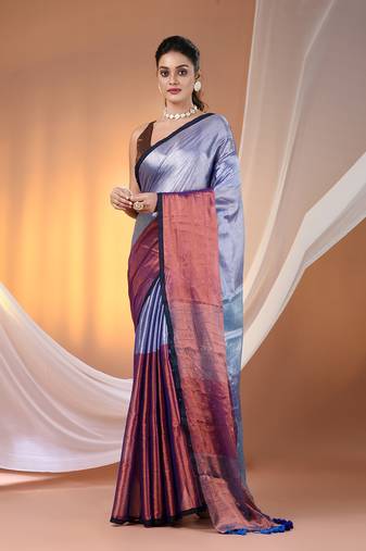 Blue and copper tissue soft saree with pompom