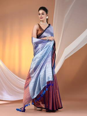 Blue and copper tissue soft saree with pompom 2