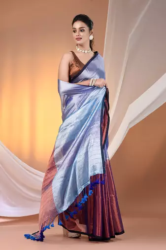 Blue and copper tissue soft saree with pompom