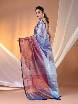 Blue and copper tissue soft saree with pompom 3