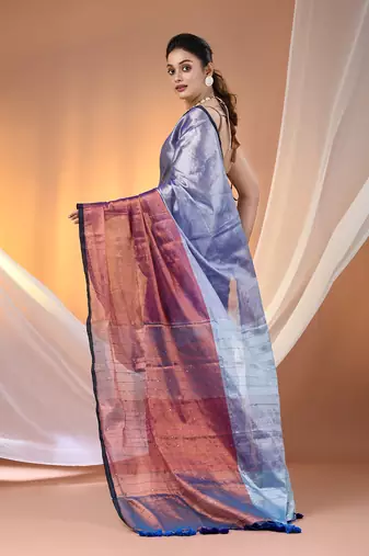 Blue and copper tissue soft saree with pompom