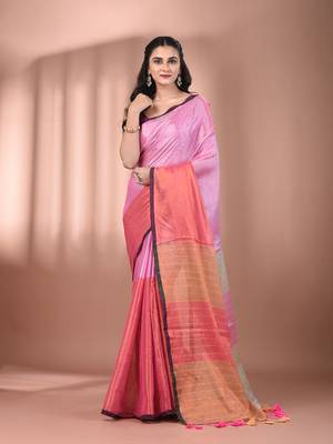 Dark and light pink tissue soft saree with pompom 1