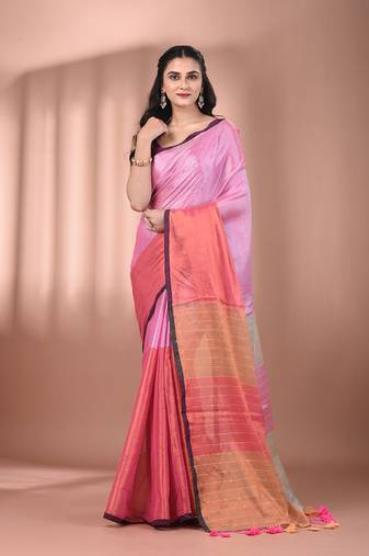 Dark and light pink tissue soft saree with pompom