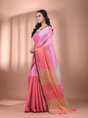 Dark and light pink tissue soft saree with pompom 2