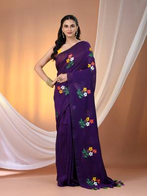 All over thread embroidery purple cotton handspun saree 1