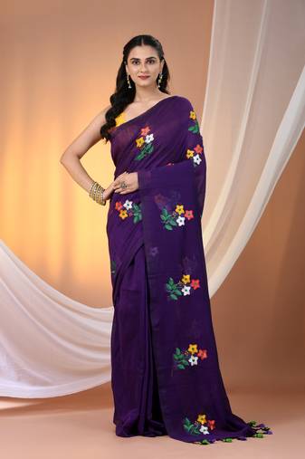 All over thread embroidery purple cotton handspun saree