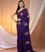 All over thread embroidery purple cotton handspun saree