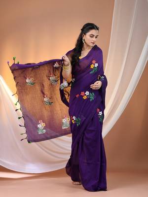 All over thread embroidery purple cotton handspun saree 2