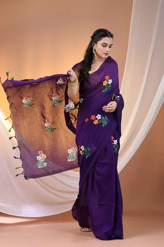 All over thread embroidery purple cotton handspun saree