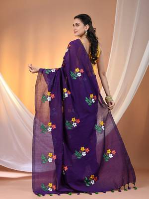 All over thread embroidery purple cotton handspun saree 3