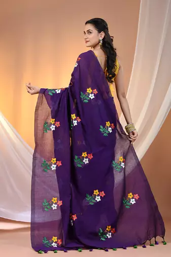 All over thread embroidery purple cotton handspun saree