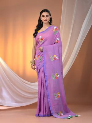 All over thread embroidery mauve cotton handspun saree 1