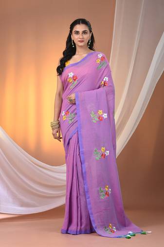 All over thread embroidery mauve cotton handspun saree