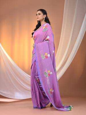 All over thread embroidery mauve cotton handspun saree 2