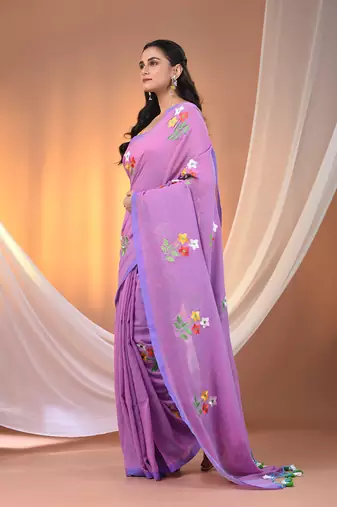 All over thread embroidery mauve cotton handspun saree
