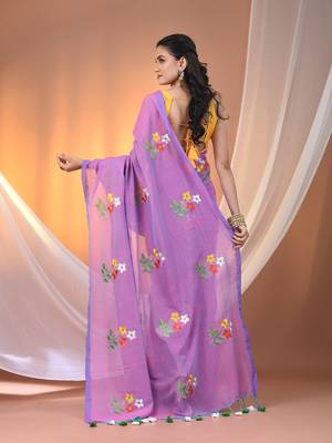 All over thread embroidery mauve cotton handspun saree 3