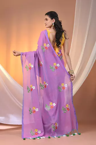All over thread embroidery mauve cotton handspun saree