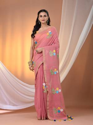 All over thread embroidery salmon pink cotton handspun saree 1