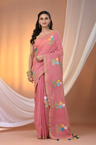 All over thread embroidery salmon pink cotton handspun saree