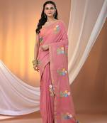 All over thread embroidery salmon pink cotton handspun saree