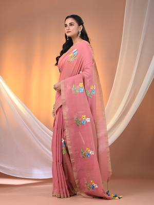 All over thread embroidery salmon pink cotton handspun saree 2