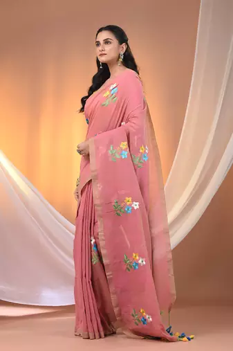All over thread embroidery salmon pink cotton handspun saree