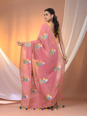 All over thread embroidery salmon pink cotton handspun saree 3