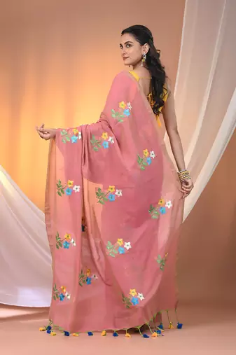 All over thread embroidery salmon pink cotton handspun saree