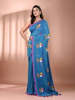 All over thread embroidery sapphire blue cotton handspun saree 1