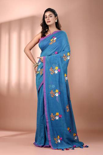 All over thread embroidery sapphire blue cotton handspun saree