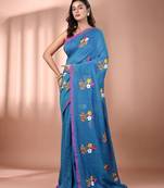 All over thread embroidery sapphire blue cotton handspun saree